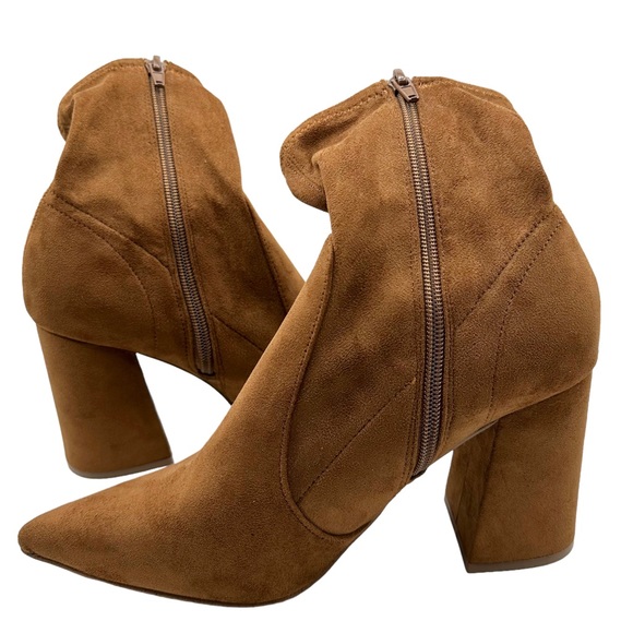 Steve Madden Hayes Point Toe Faux Suede Block Heel Stretchy Ankle Bootie Cognac - Picture 4 of 12